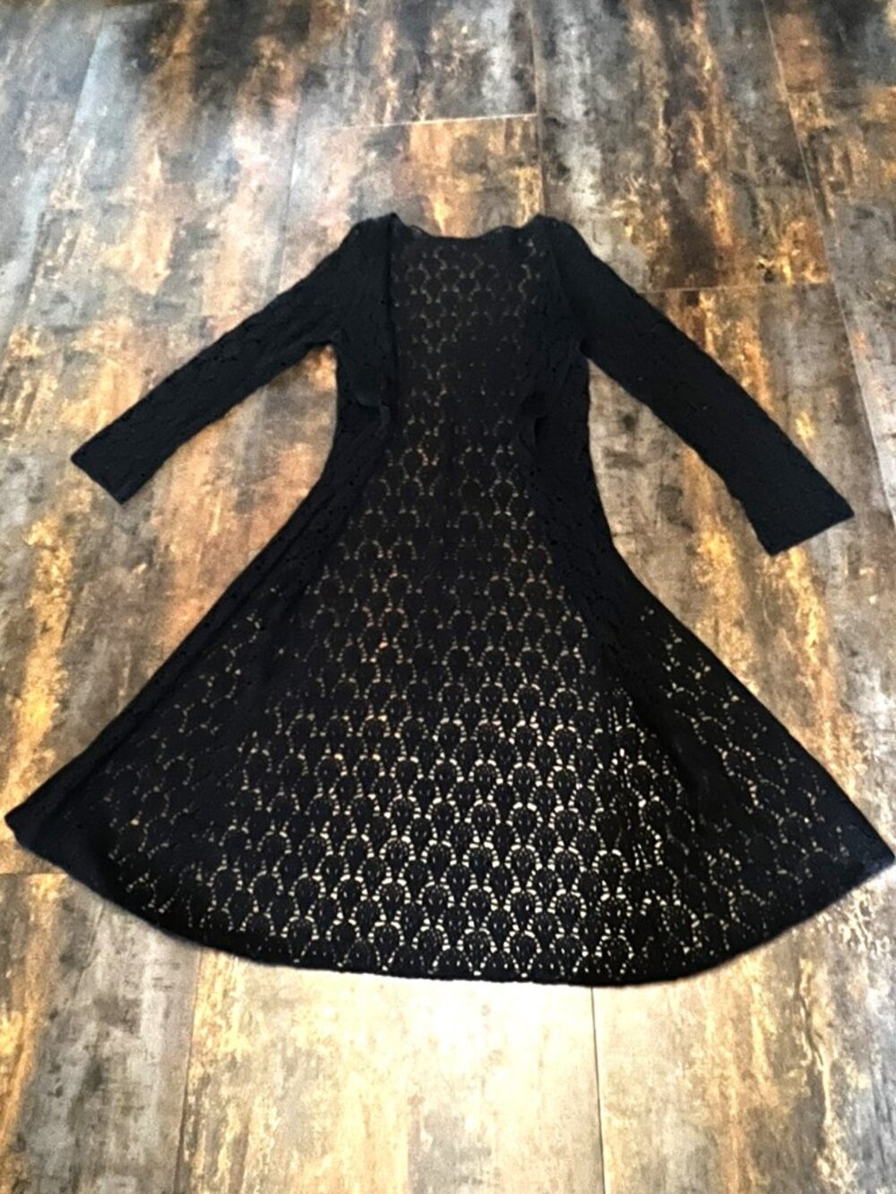Vintage Handmade Black Crochet Long Sleeve Open Front Duster w/One Rosette, Sz S